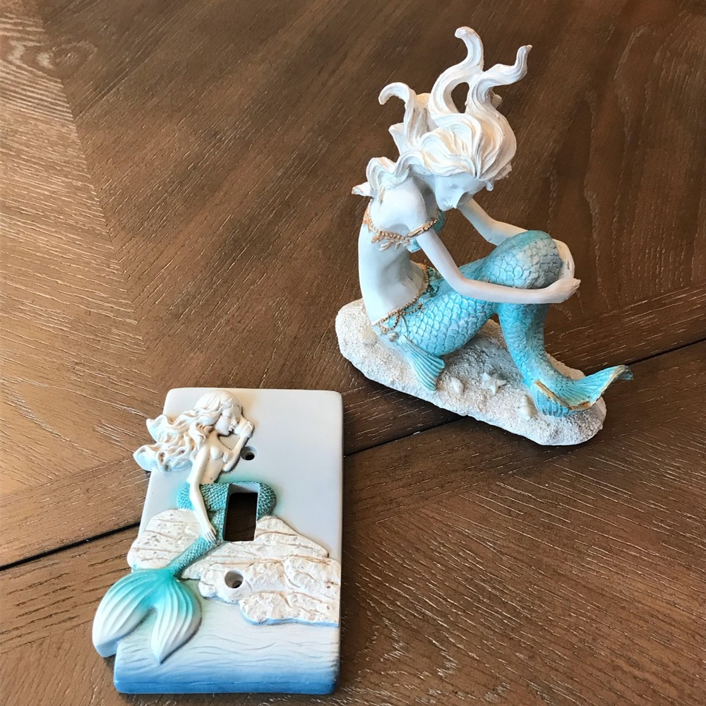 Nautical Blue Mermaid Ariel Sitting On Sea Floor Statue And Switch Plate